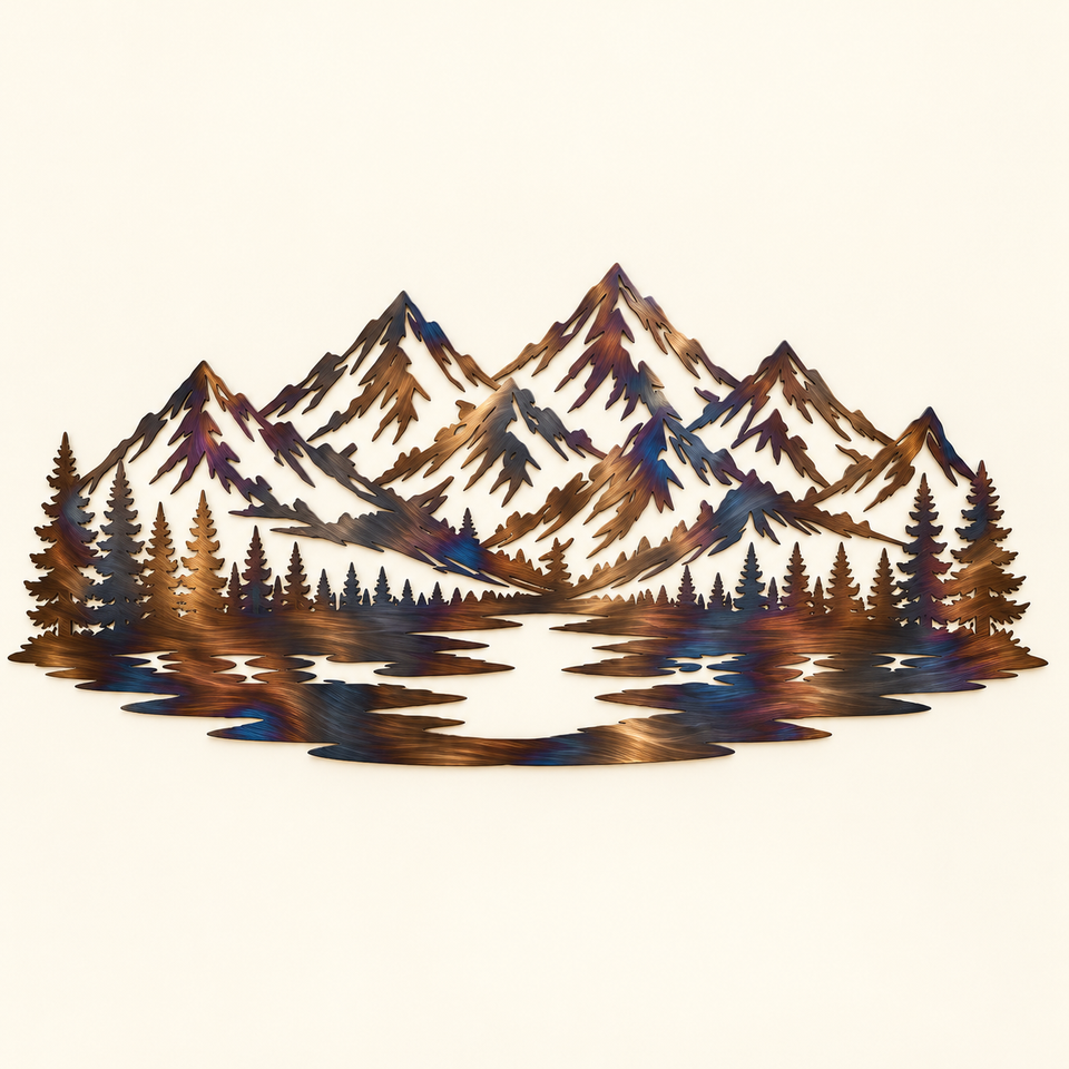 Alpine Majesty metal wall art showing mountain peaks, pine forest, and alpine waters.