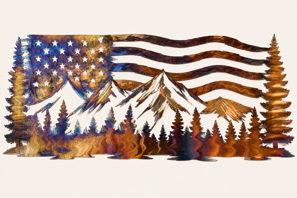 Freedom Peak metal wall art featuring an American flag, mountain peaks, and pine trees.