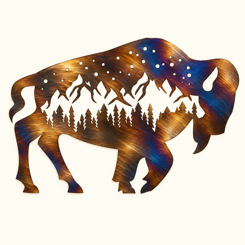 Mountain Bison metal wall art with mountain peaks, pine trees, and a starry sky inside a bison silhouette.