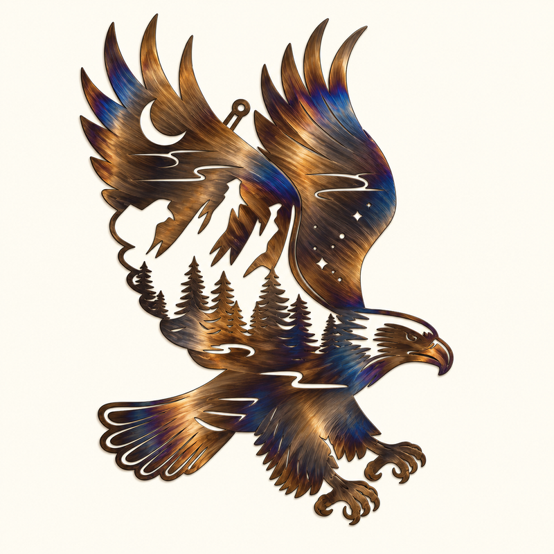 Mountain Eagle metal wall art with raised wings, mountain peaks, pine trees, a crescent moon, and stars.