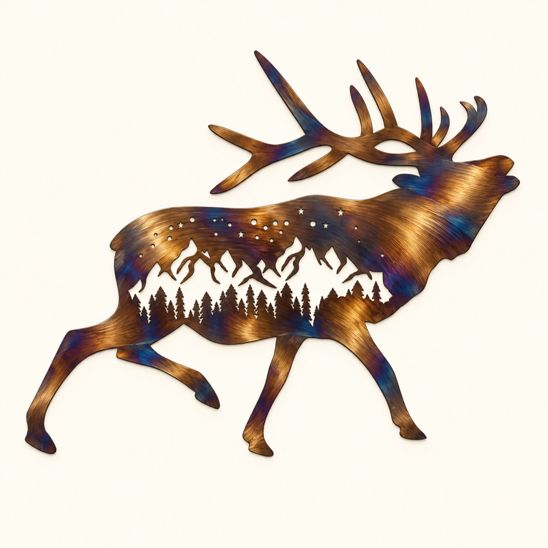 Mountain Elk metal wall art showing an antlered elk in motion with mountain peaks, pine trees, and stars.