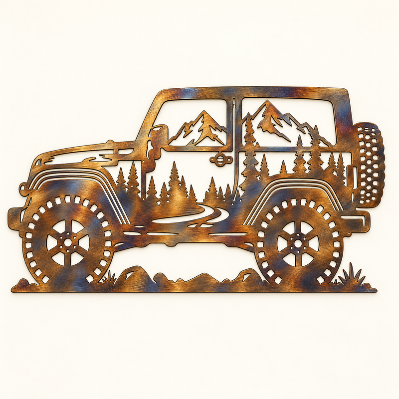 Two-door Mountain Jeep metal wall art with pine trees, mountain peaks, and a winding trail.