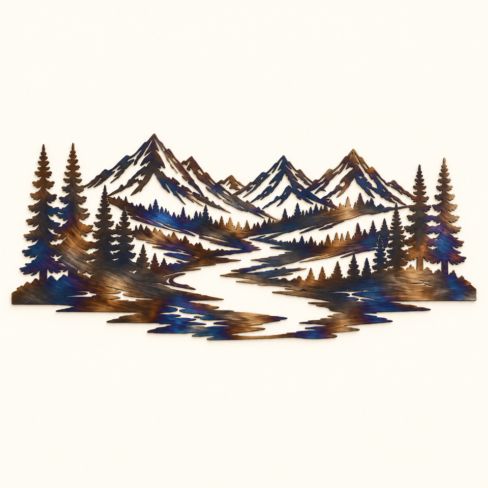 Mountain Serenity metal wall art showing mountain peaks, pine trees, and a winding river.
