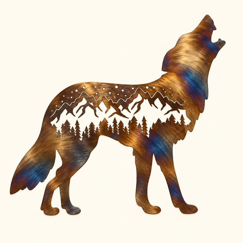 Mountain Wolf metal wall art with mountain peaks, pine trees, and stars inside a howling wolf silhouette.