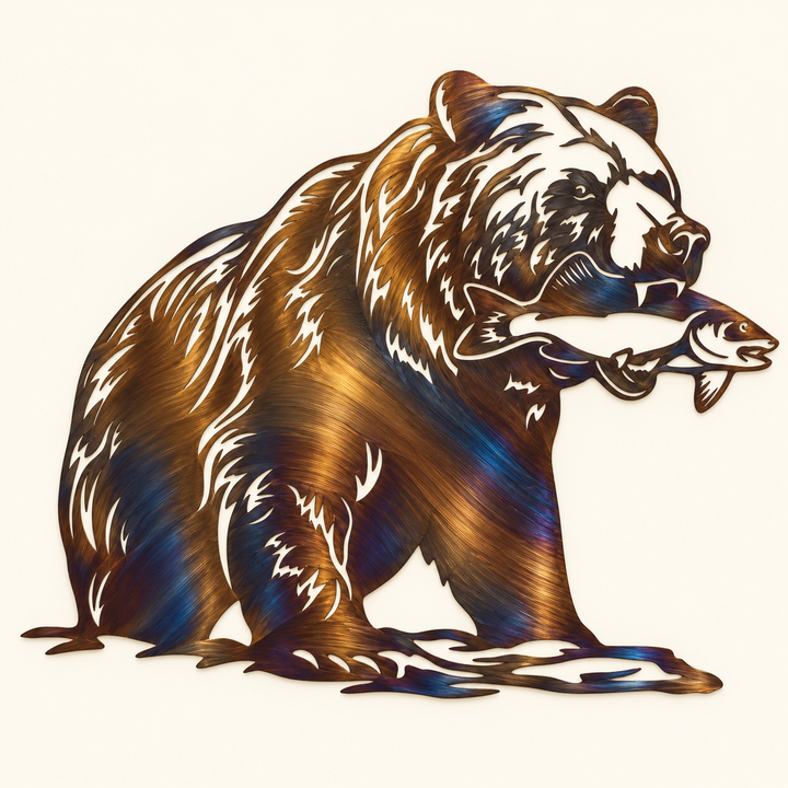 The River King metal wall art depicting a bear holding a fish, with detailed fur and face cutouts.